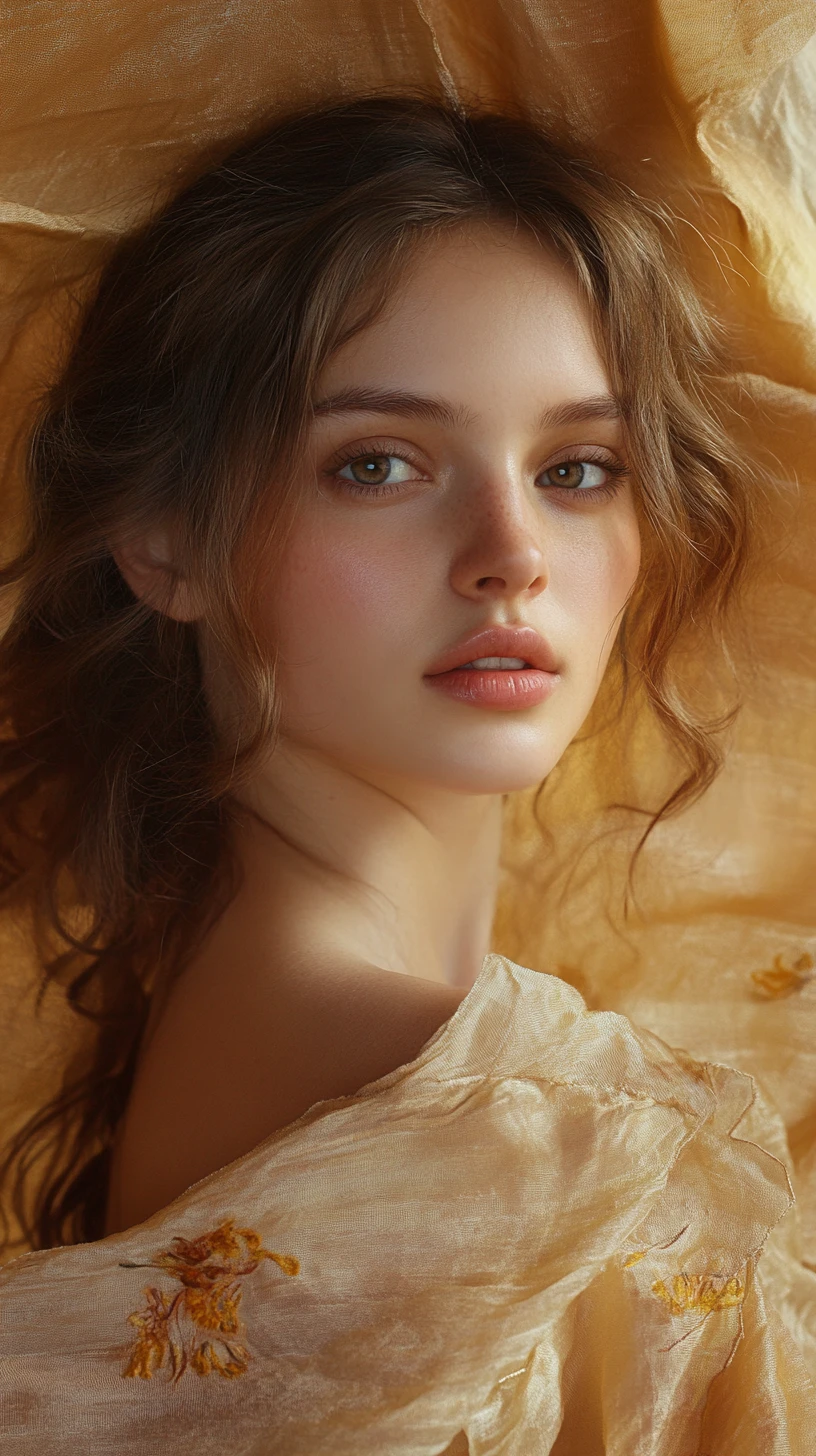Retrato de jovem mulher com fundo de seda em estúdio