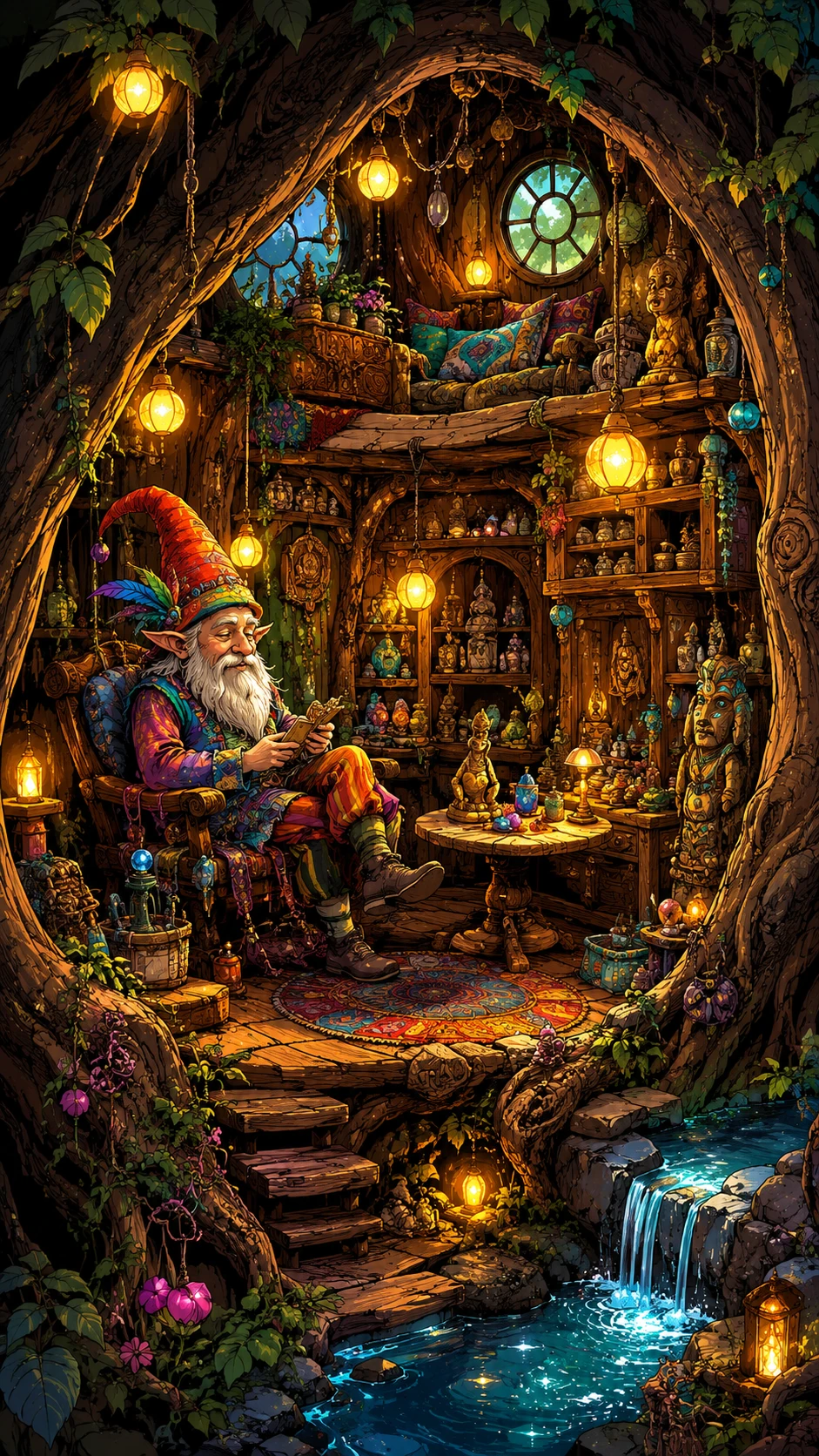 Douillet Repaire de Gnome dans un Arbre aux Lumières Étincelantes