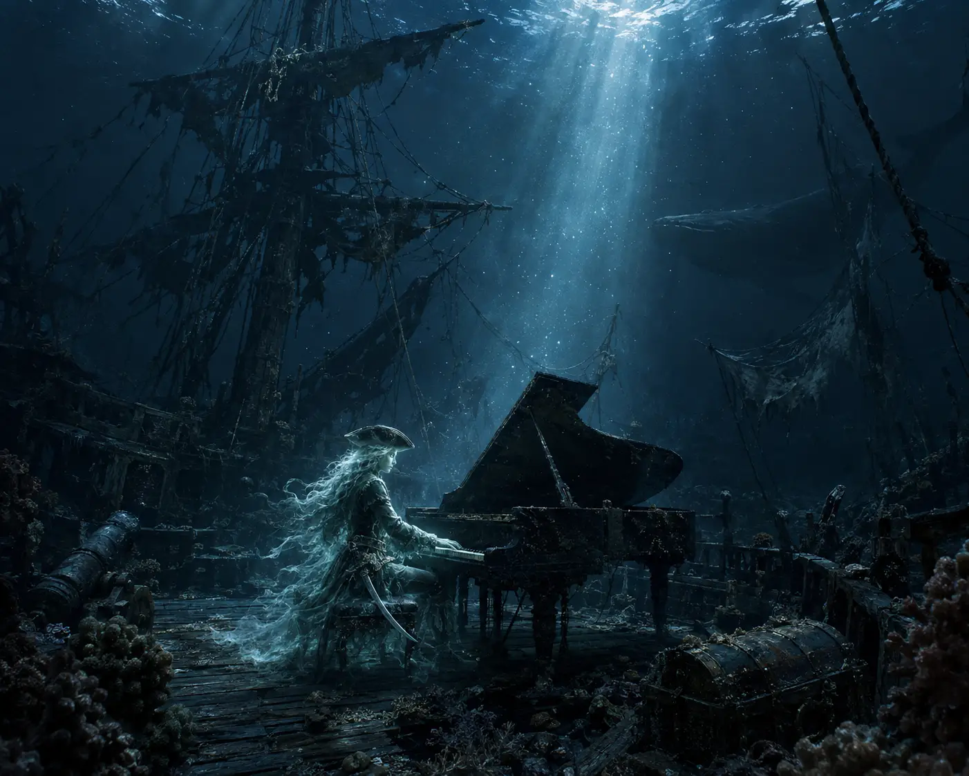Ghostly pirate captain playing piano on sunken ship