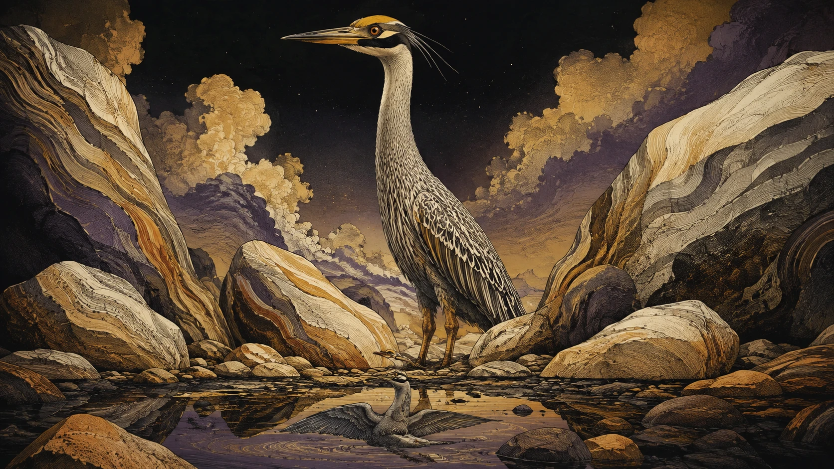Surreal heron towering among massive river rocks