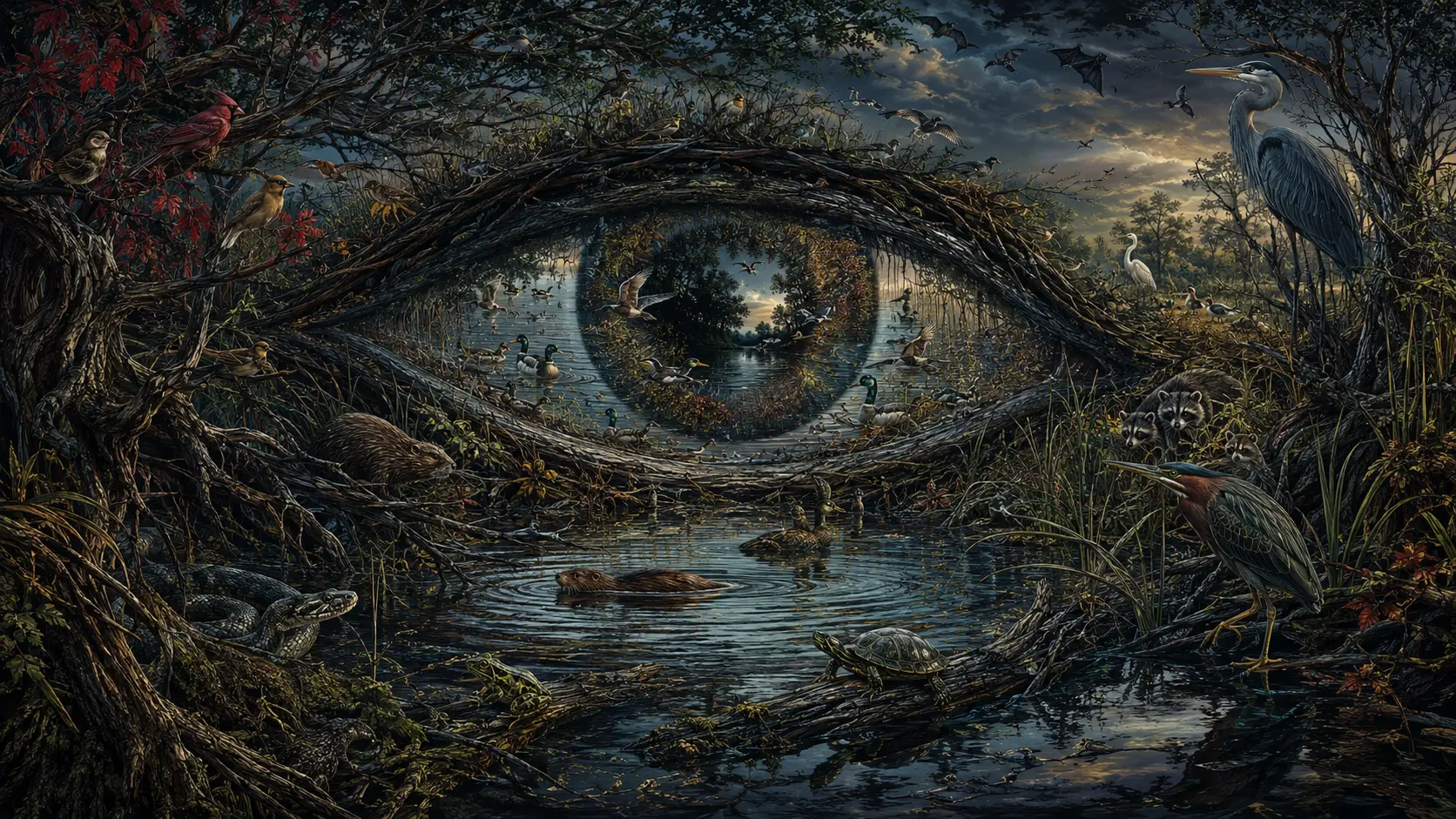 Pântano panorâmico vibrante com vida selvagem entrelaçada de áreas úmidas