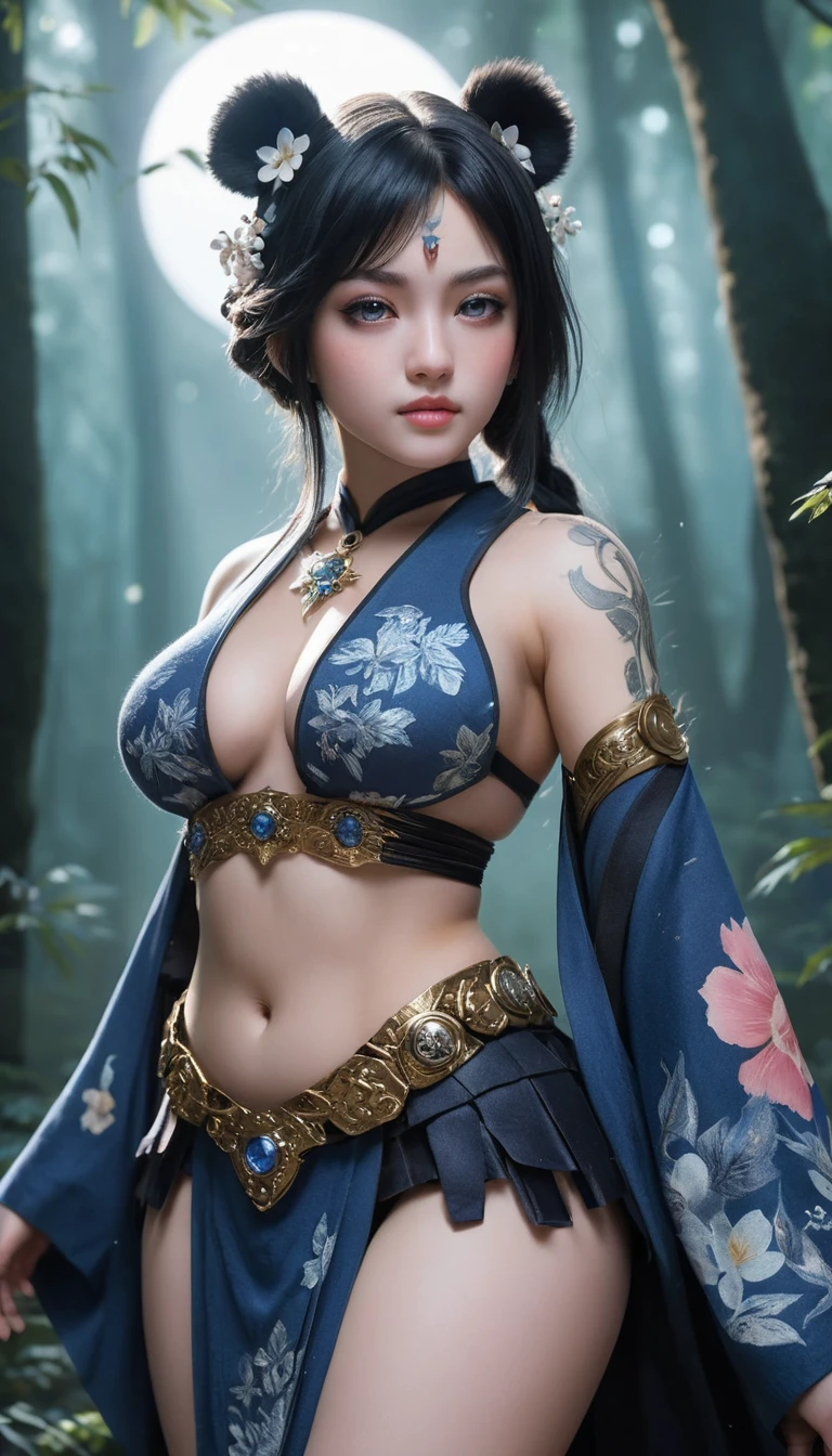 Anime panda girl in kimono under moonlit forest mist