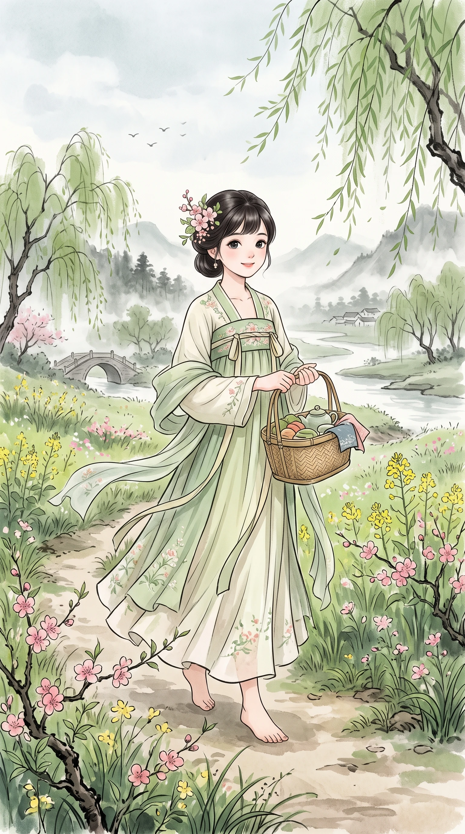 Anime-Mädchen im hellgrünen Hanfu, das durch eine Frühlingswiese geht
