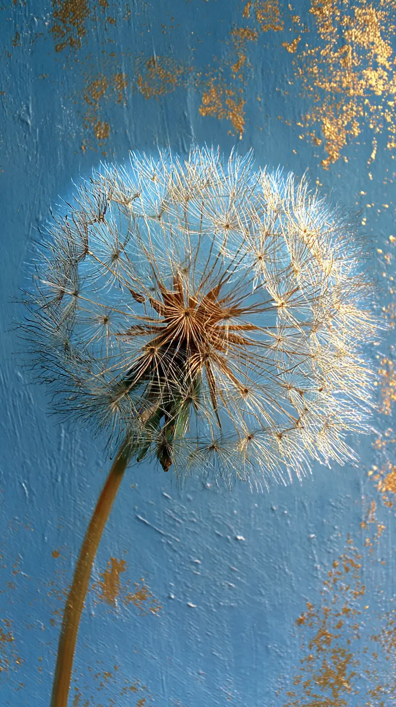 柔光中閃耀藍與金色光芒的蒲公英種子