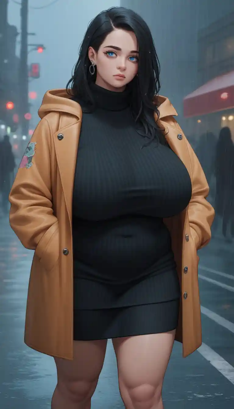 Mulher de anime de moletom com capuz em rua de cidade escura e chuvosa