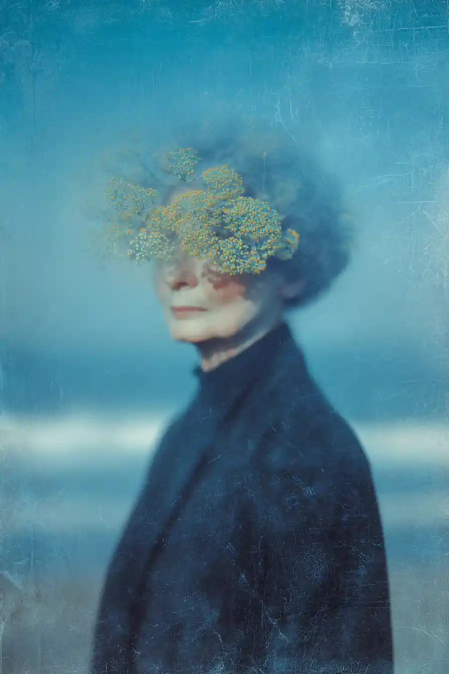 Mulher madura surreal tecendo flores a partir de ondas do mar revoltas