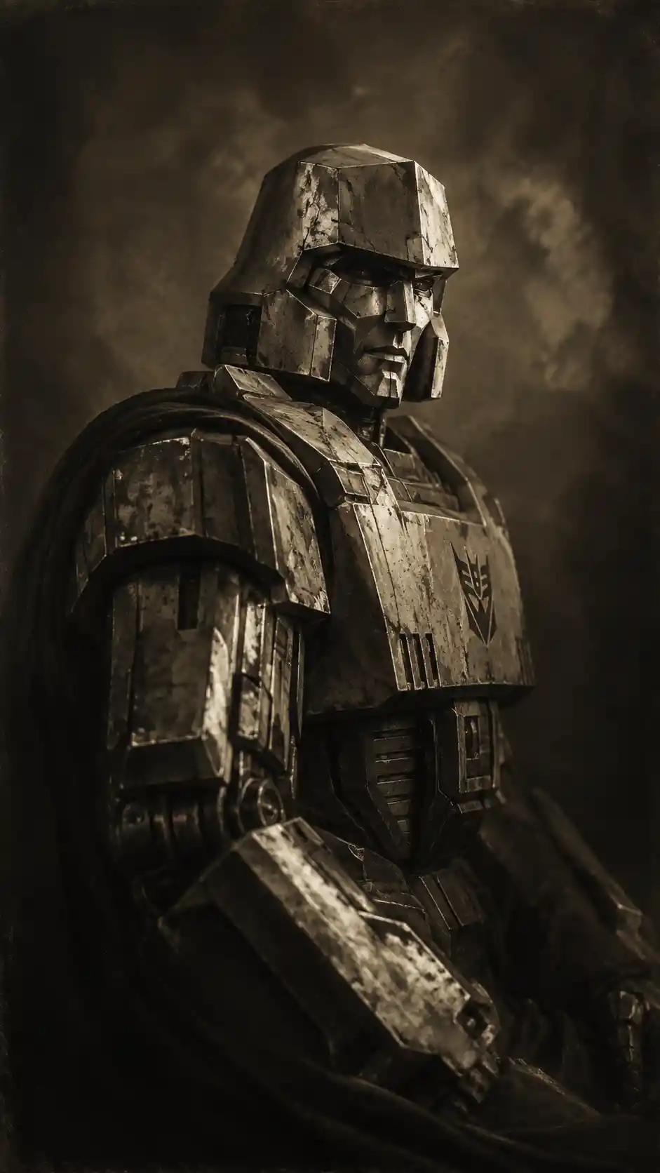 Melancholic robotic leader in vintage three quarter portrait