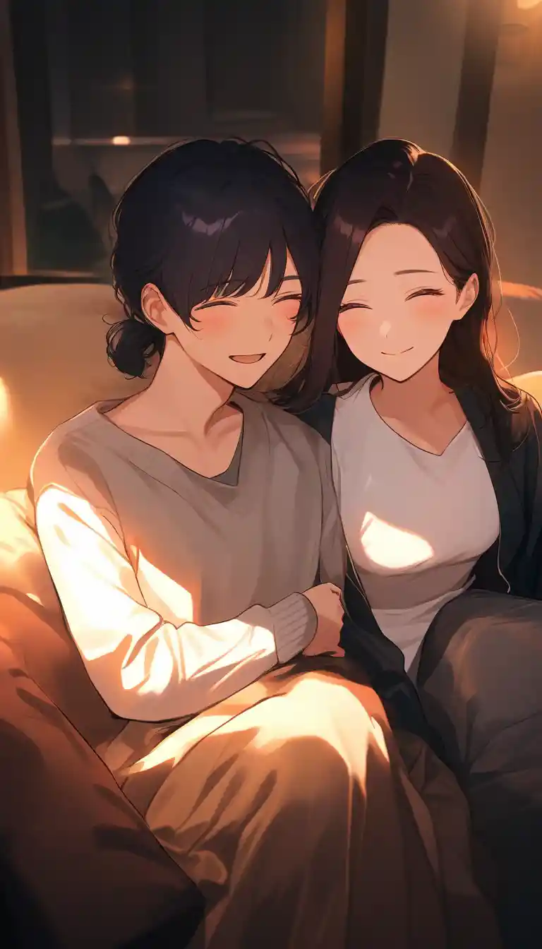 미소 짓는 젊은 여성이 남자친구와 아늑한 소파에서 휴식