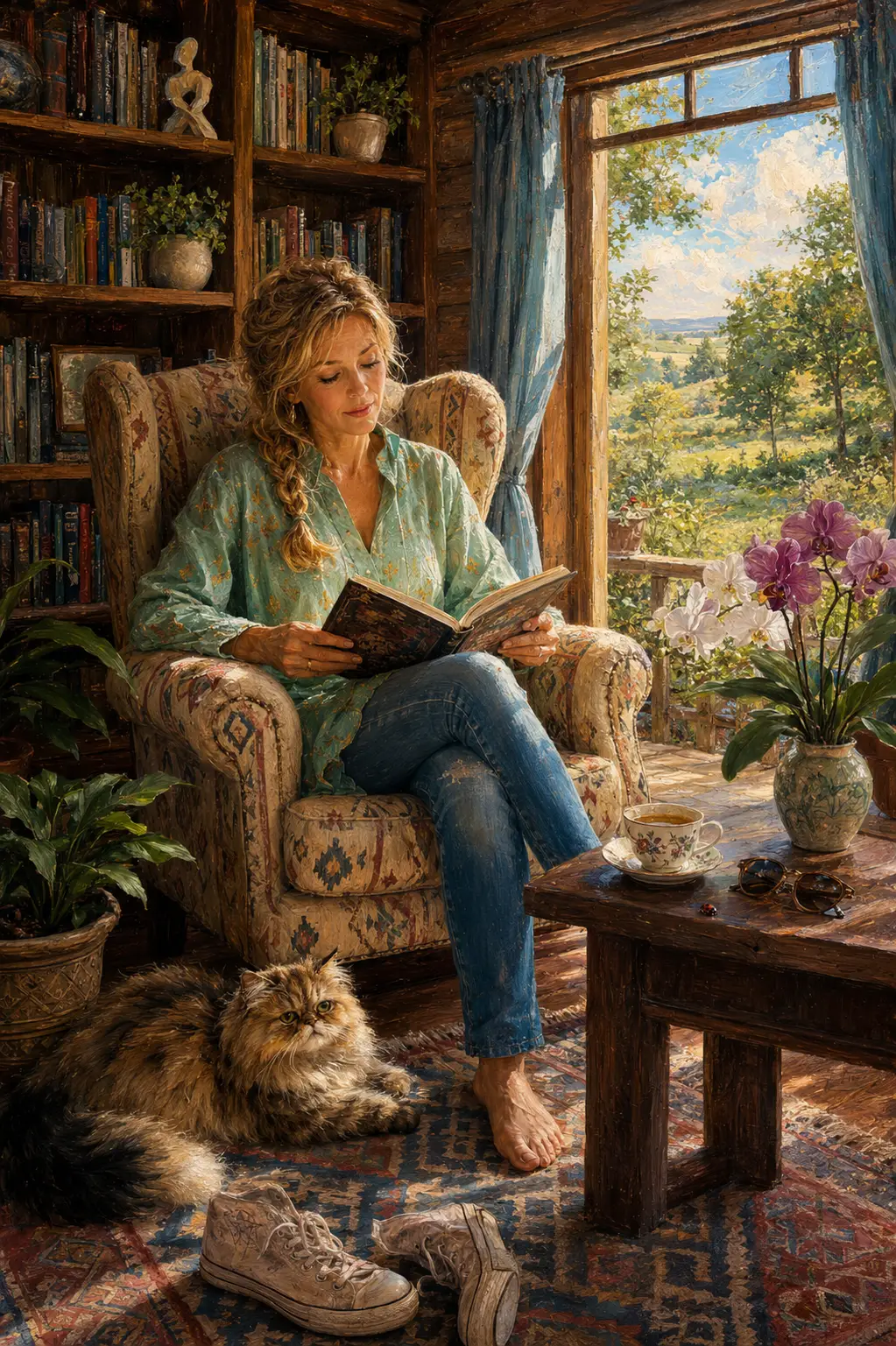 Mujer de mediana edad leyendo en una acogedora cabaña de madera
