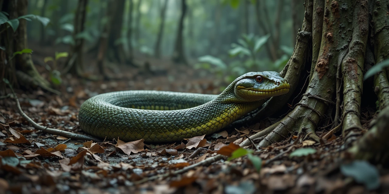 Gigantesca anaconda verde enrollada sobre el suelo de la selva cubierto de hojas