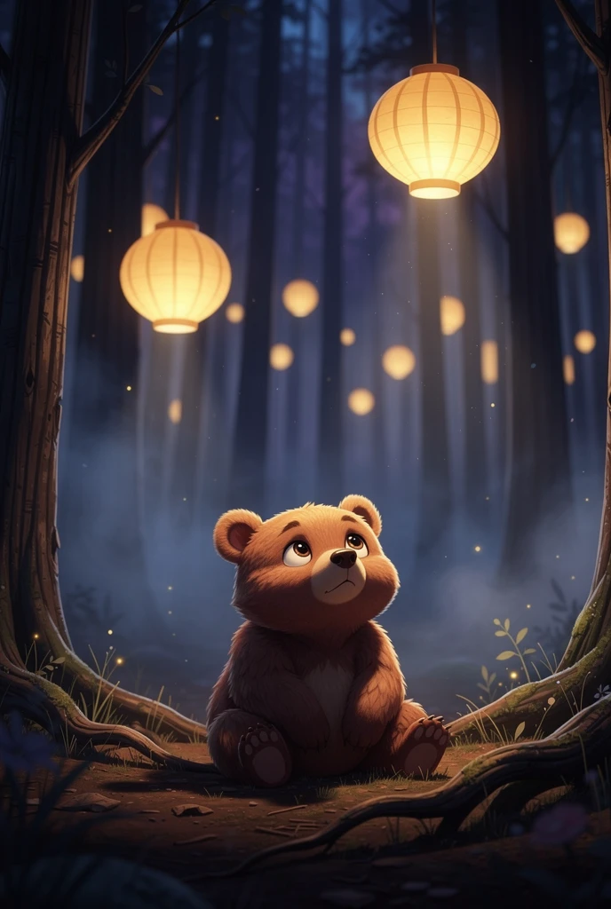 Cute brown bear under glowing lanterns in dark forest
