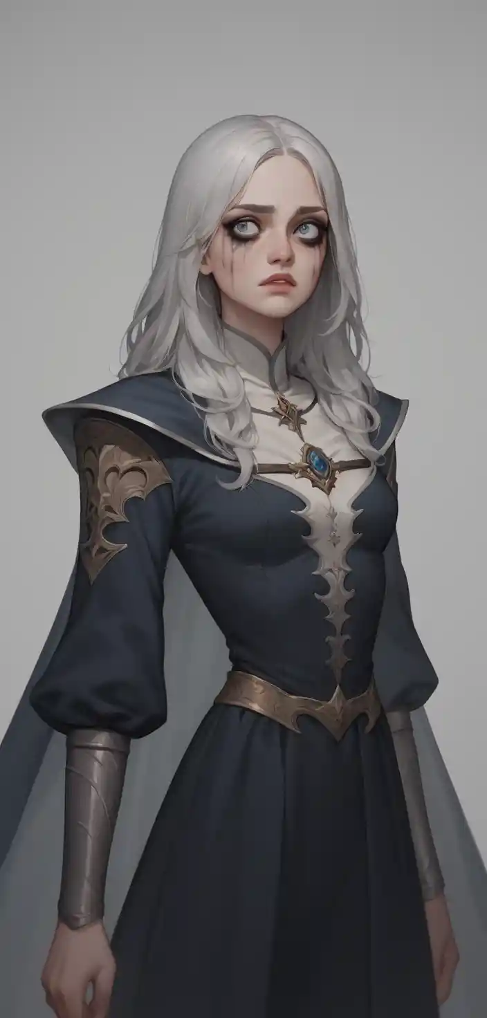 Sorrowful elven woman in dark tones against grey void