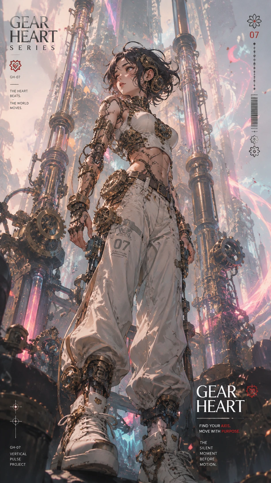 Mulher neo-steampunk emoldurada por tubos verticais e névoa de neon