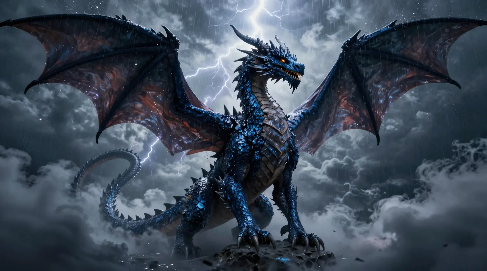 Mitternachtsdrache, der aus Gewitterwolken mit Blitzen auftaucht