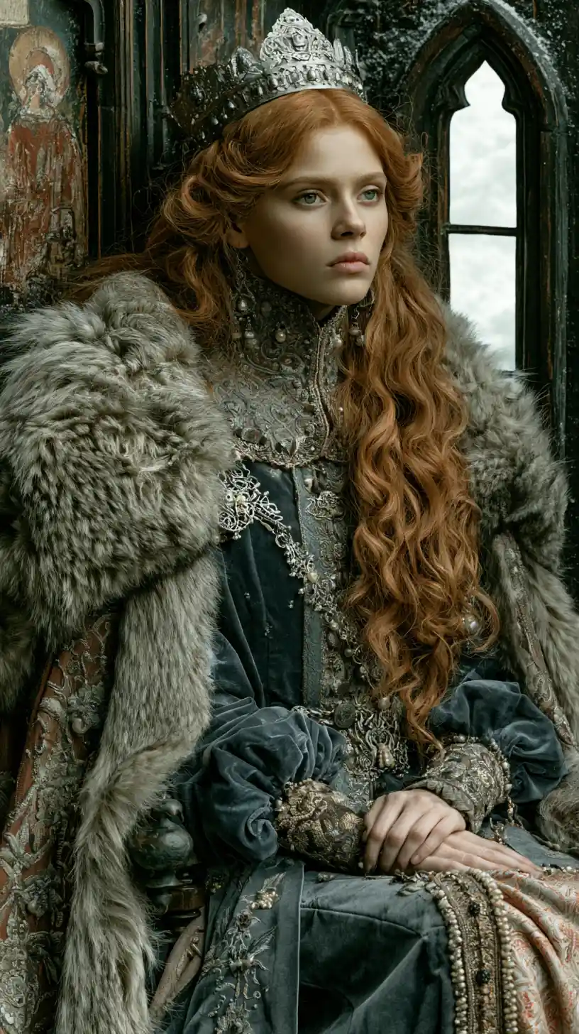 Young slavic queen in a dark medieval castle portrait