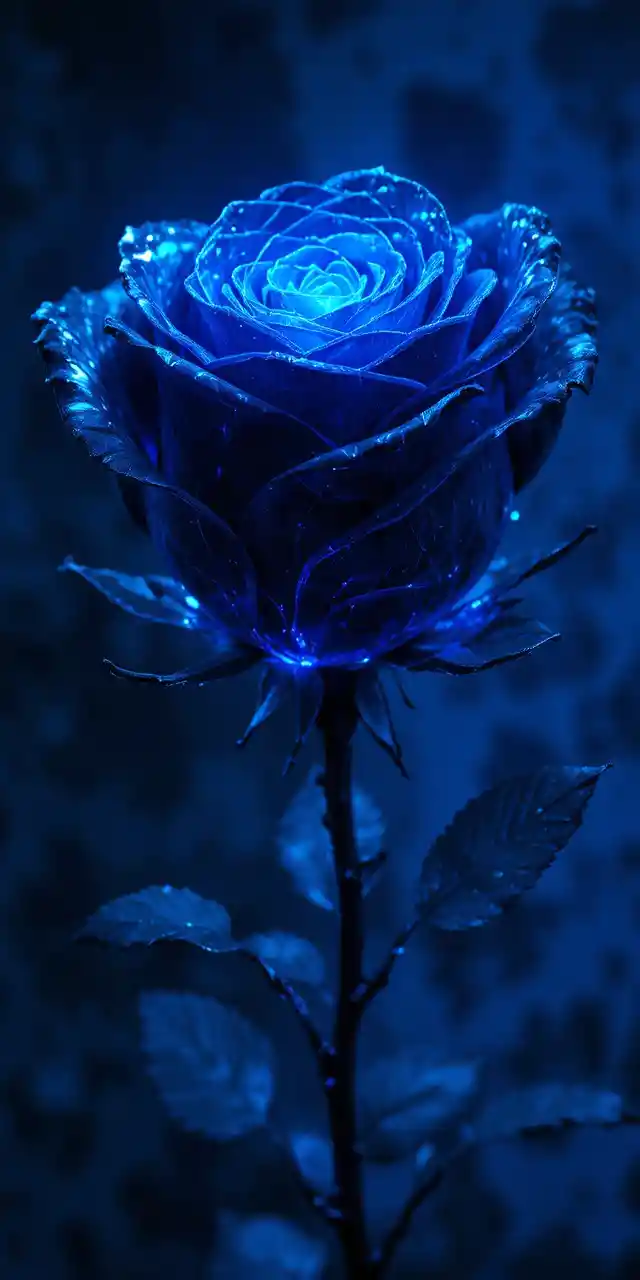 Rosa de vidrio negra que brilla con una inquietante luz digital azul