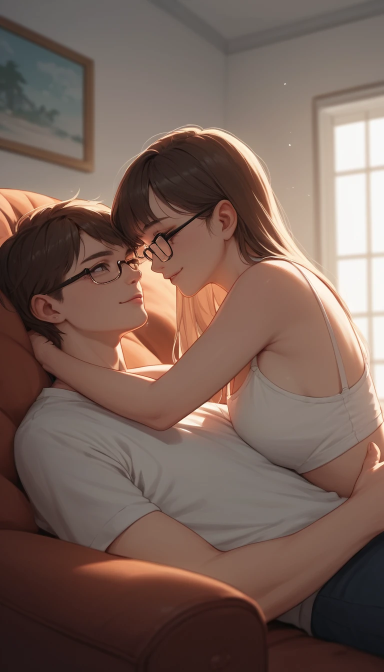 Young couple sharing a tender kiss on a cozy sofa