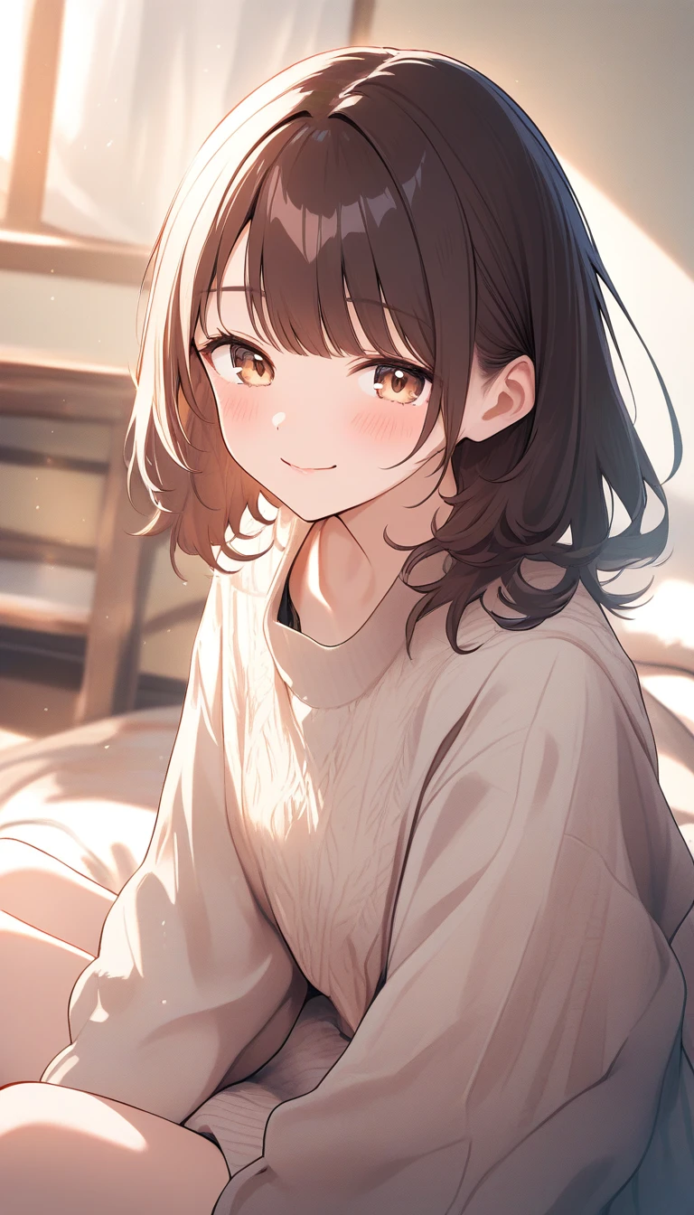 Smiling young woman relaxing in a cozy sunlit room