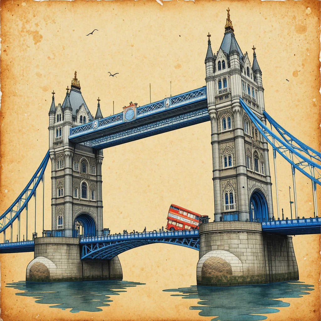 Colagem lúdica da Tower Bridge com ônibus vermelho