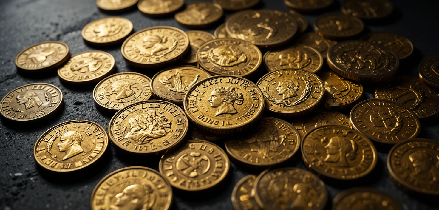 Vecchie monete d’oro sparse su una superficie scura e opaca