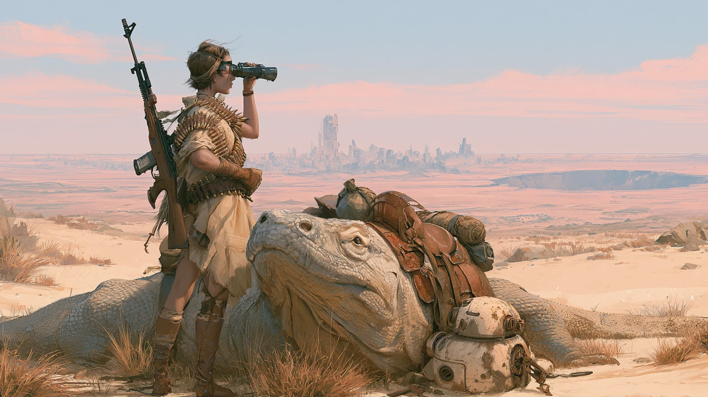 Armed survivor woman with lizard mount in ruined wasteland