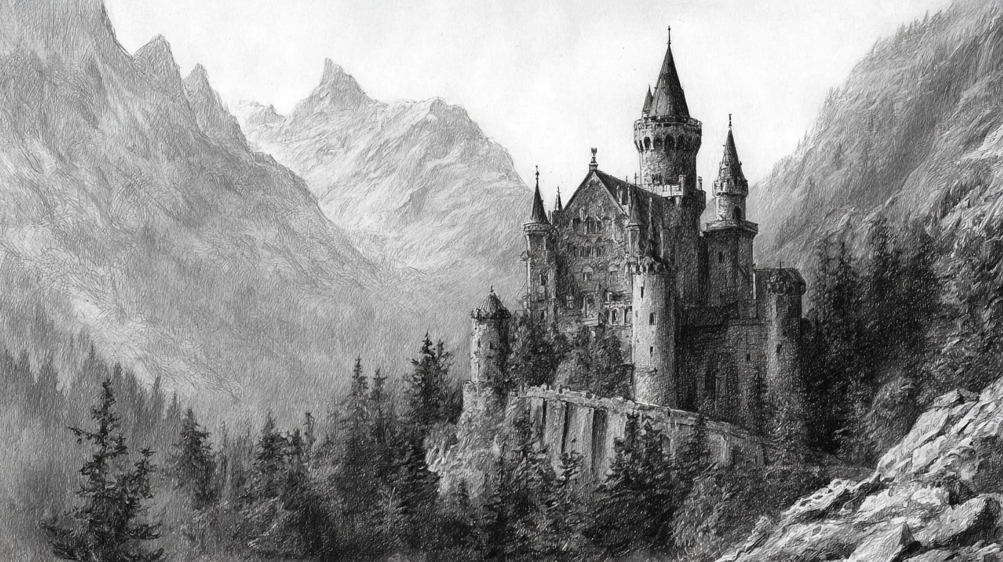 Desenho a carvão de um castelo medieval em um penhasco