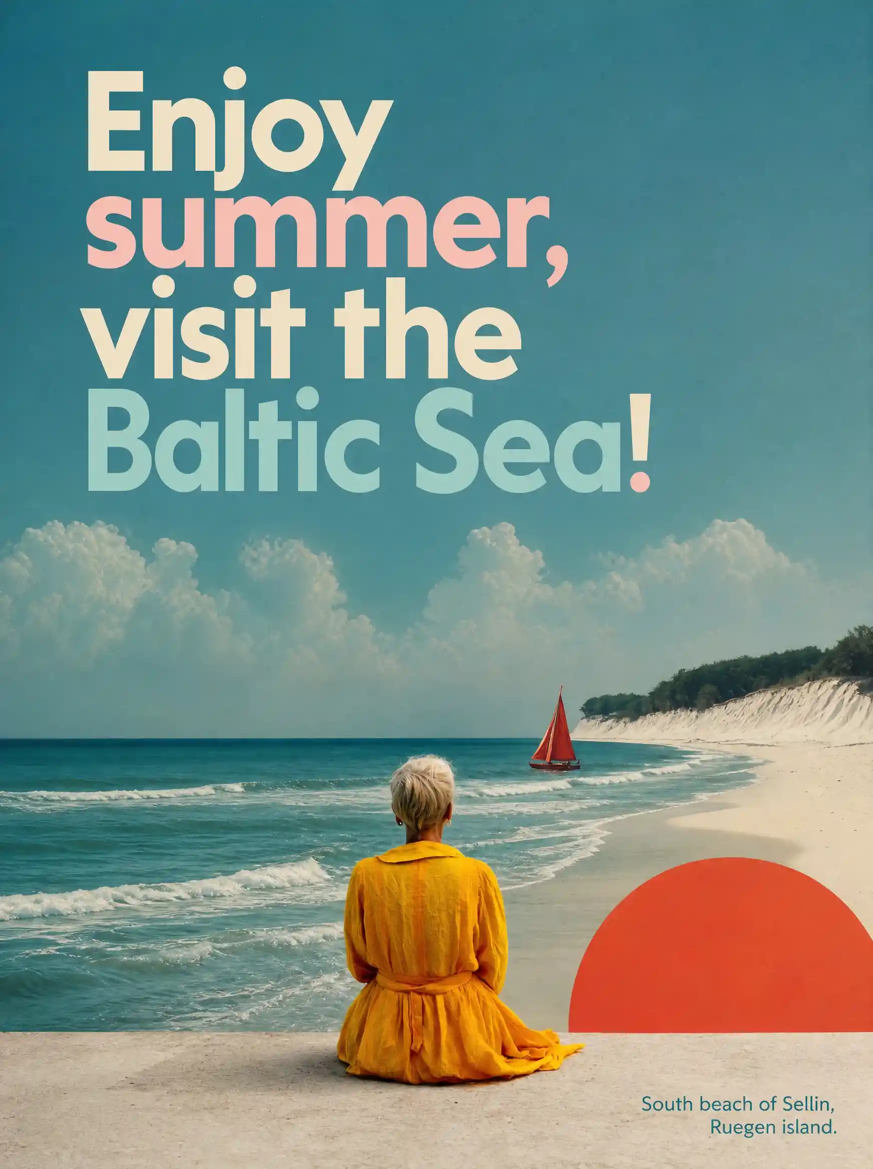Surreale Ostseestrandszene mit verspielter Sommer-Typografie