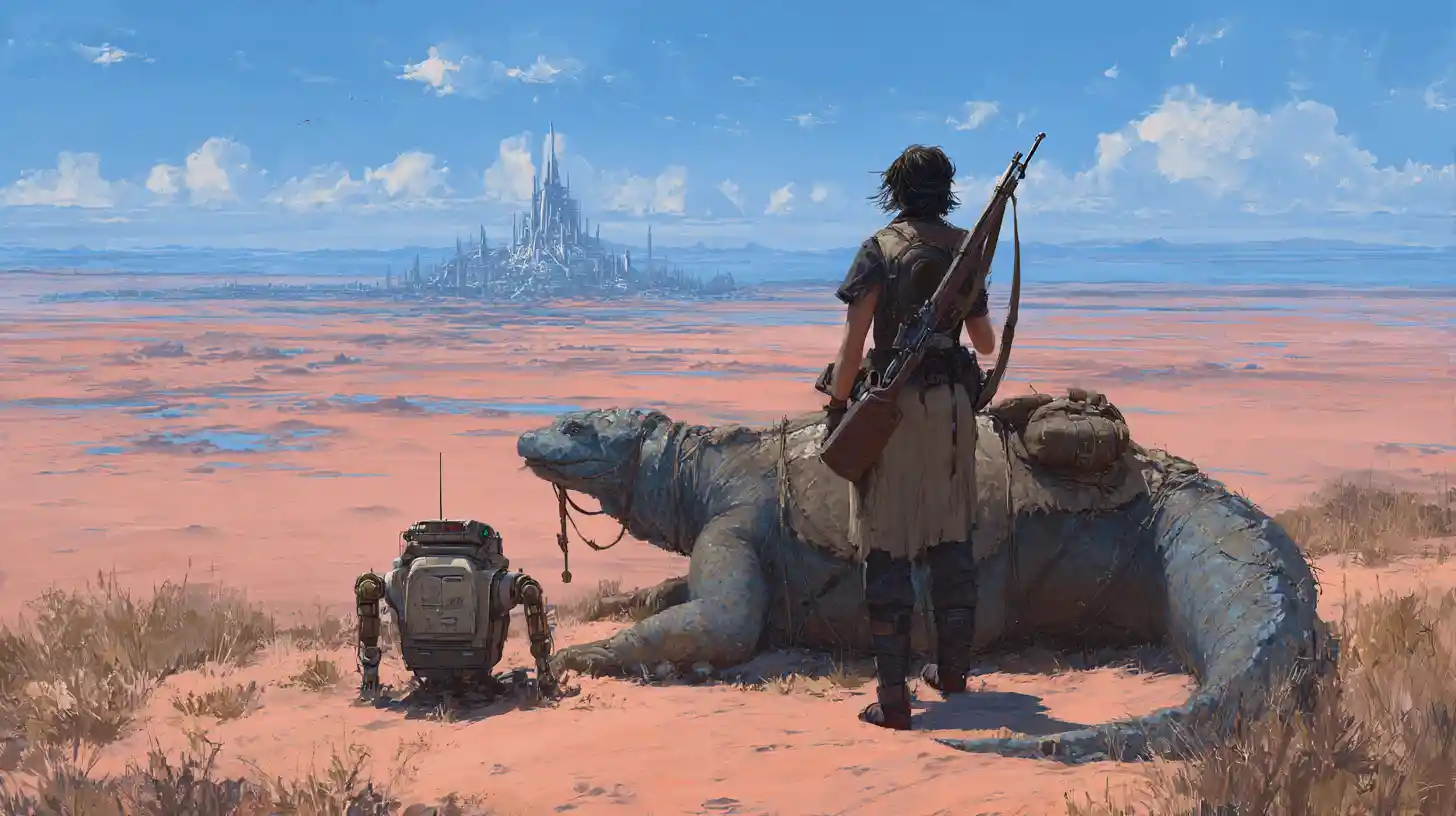 Armed wanderer with lizard mount in ruined wasteland