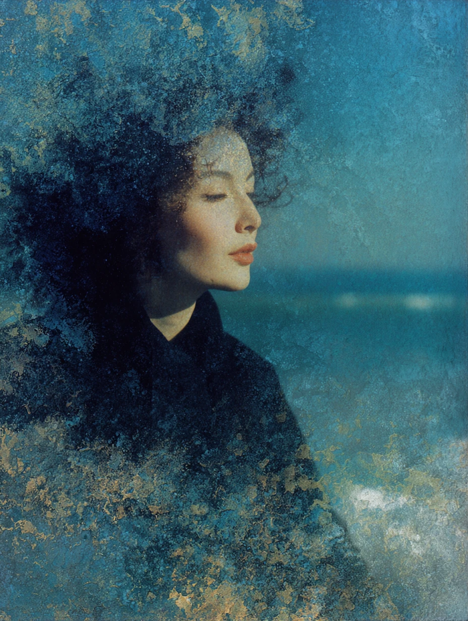 Mulher madura surreal tecendo flores a partir das ondas do mar Báltico