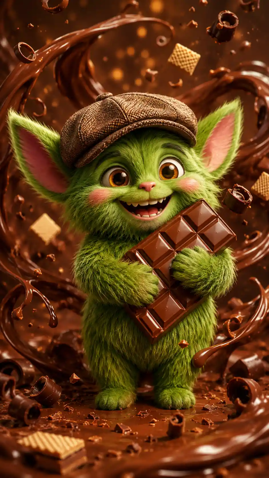 Dolce creatura pelosa verde che abbraccia una barretta di cioccolato vorticosa