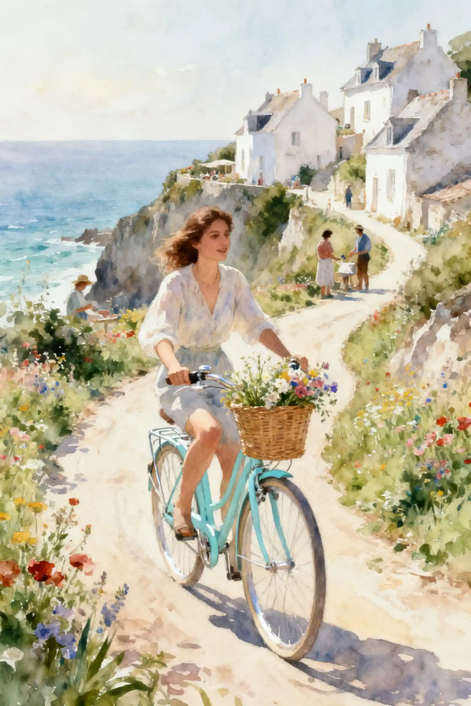 Donna in bicicletta in un tranquillo villaggio costiero francese