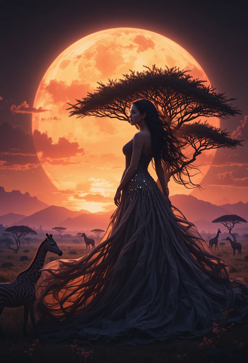 Mystical Woman Blending With Serengeti Sunset Silhouettes