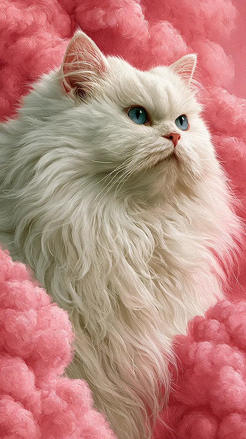 Adorable chat blanc aux grands yeux bleus sur des nuages roses