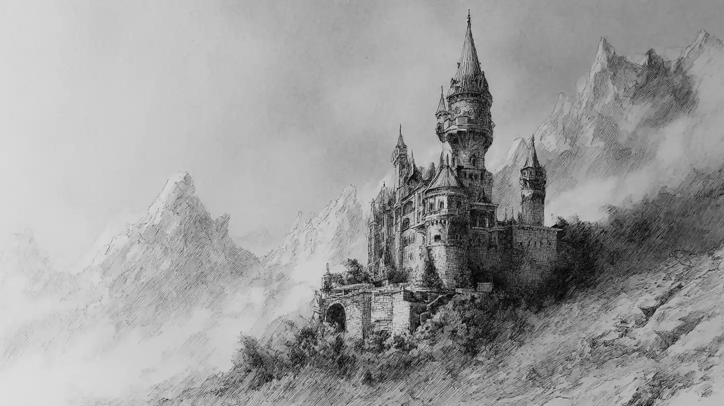 Esboço a carvão de um castelo medieval torto em um penhasco
