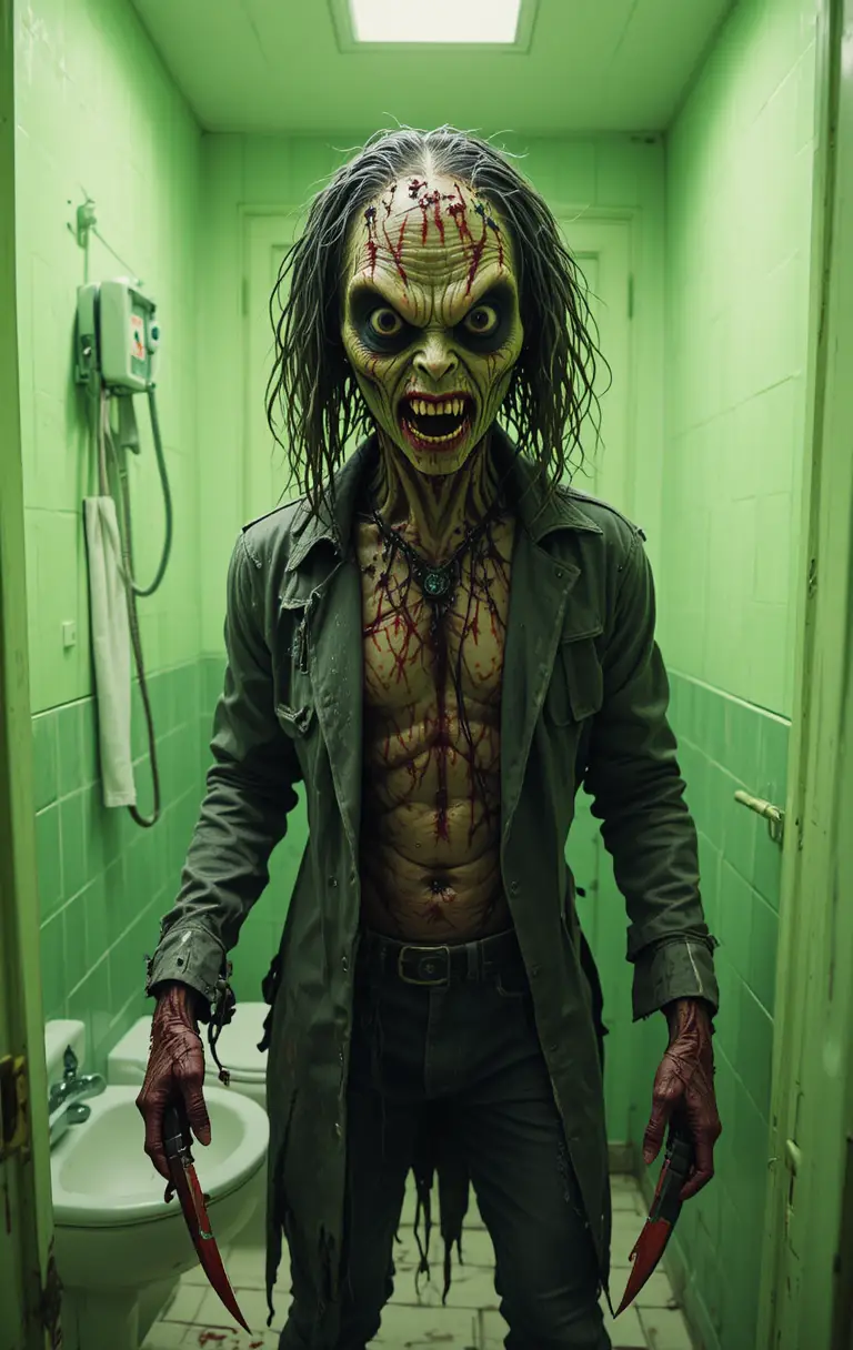 Deformed maniac with knives in a lime green bathroom
