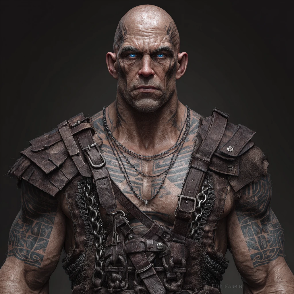 Guerrier goliath chauve avec tatouages tribaux et cotte de mailles