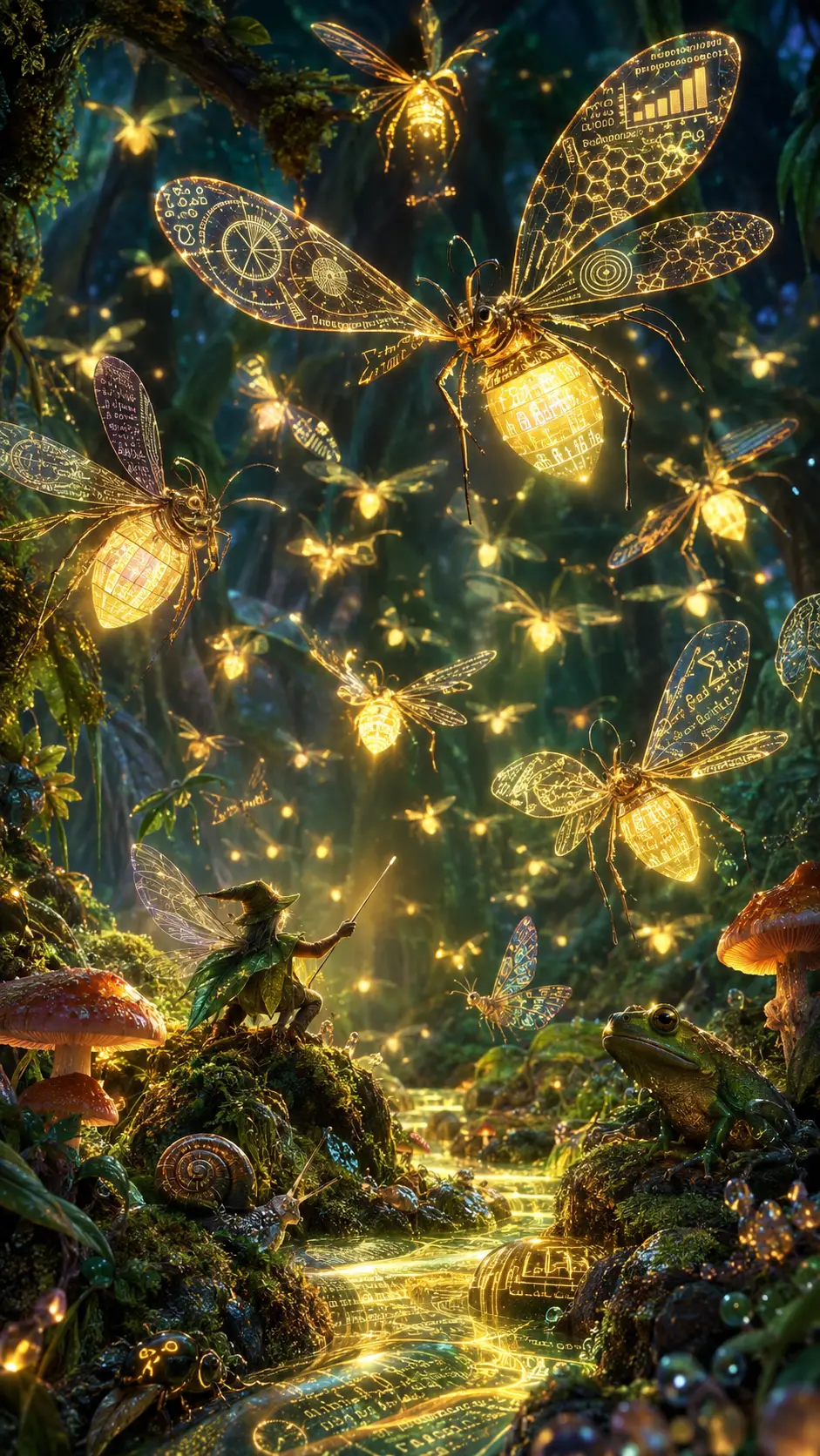 Tiny woodland sprite conducting luminous fireflies in forest