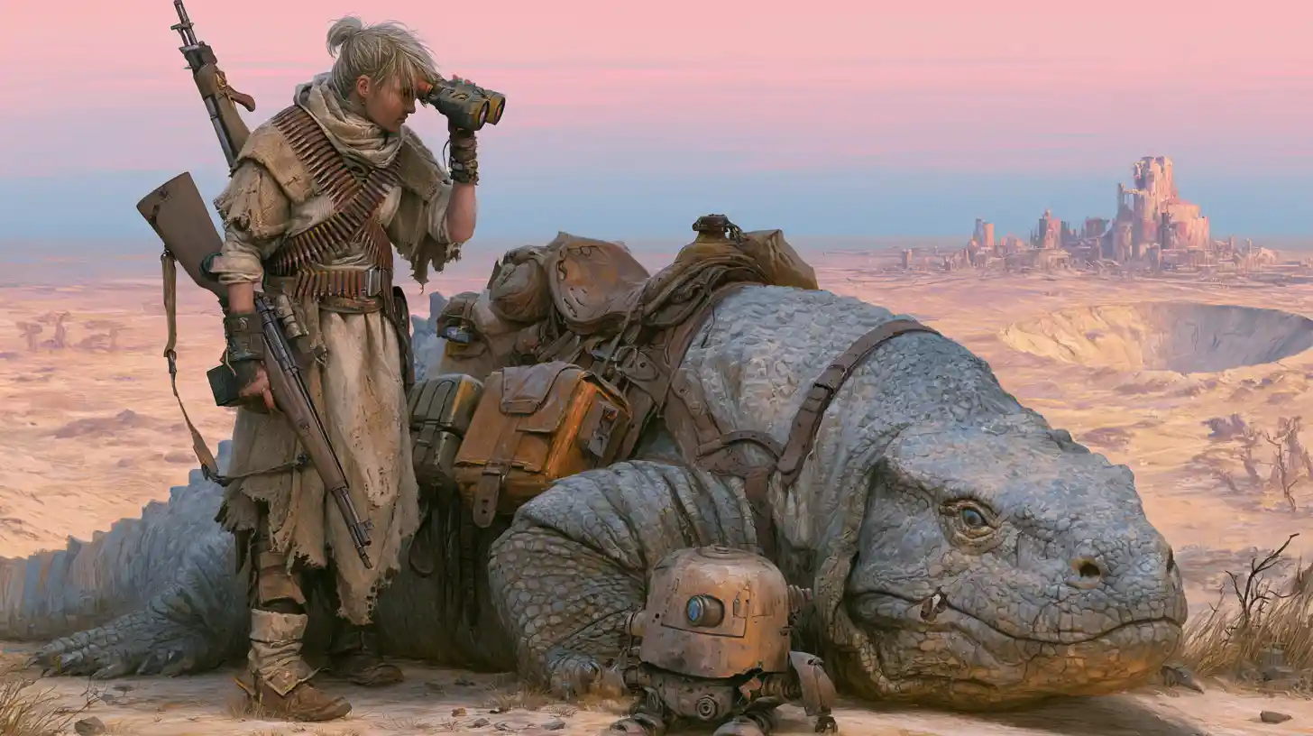 Armed wasteland wanderer with lizard mount and robot scout