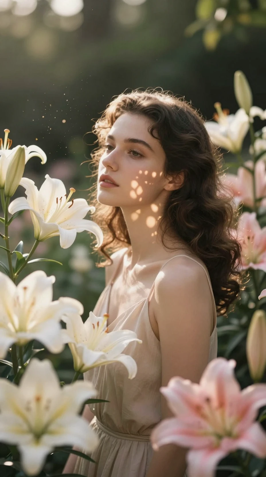 Young woman in lilies at golden hour garden