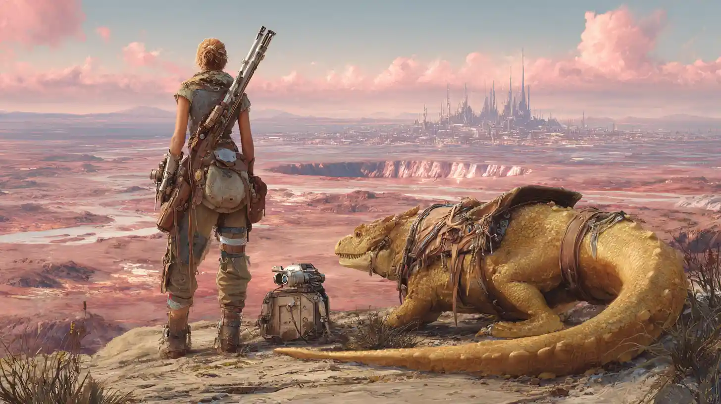 Armed survivor woman with lizard mount in ruined wasteland