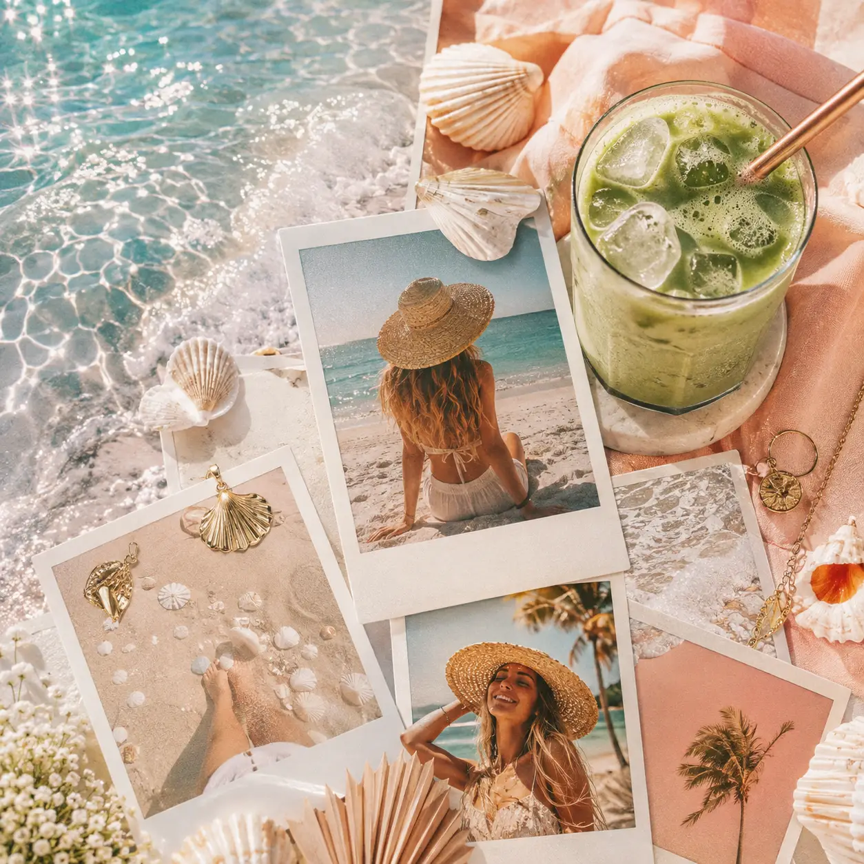 碧綠海浪與陽光灑落沙灘上的女子