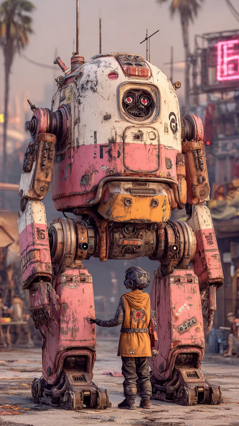 Mulher cyberpunk e mecha gigante em rua de cidade neon