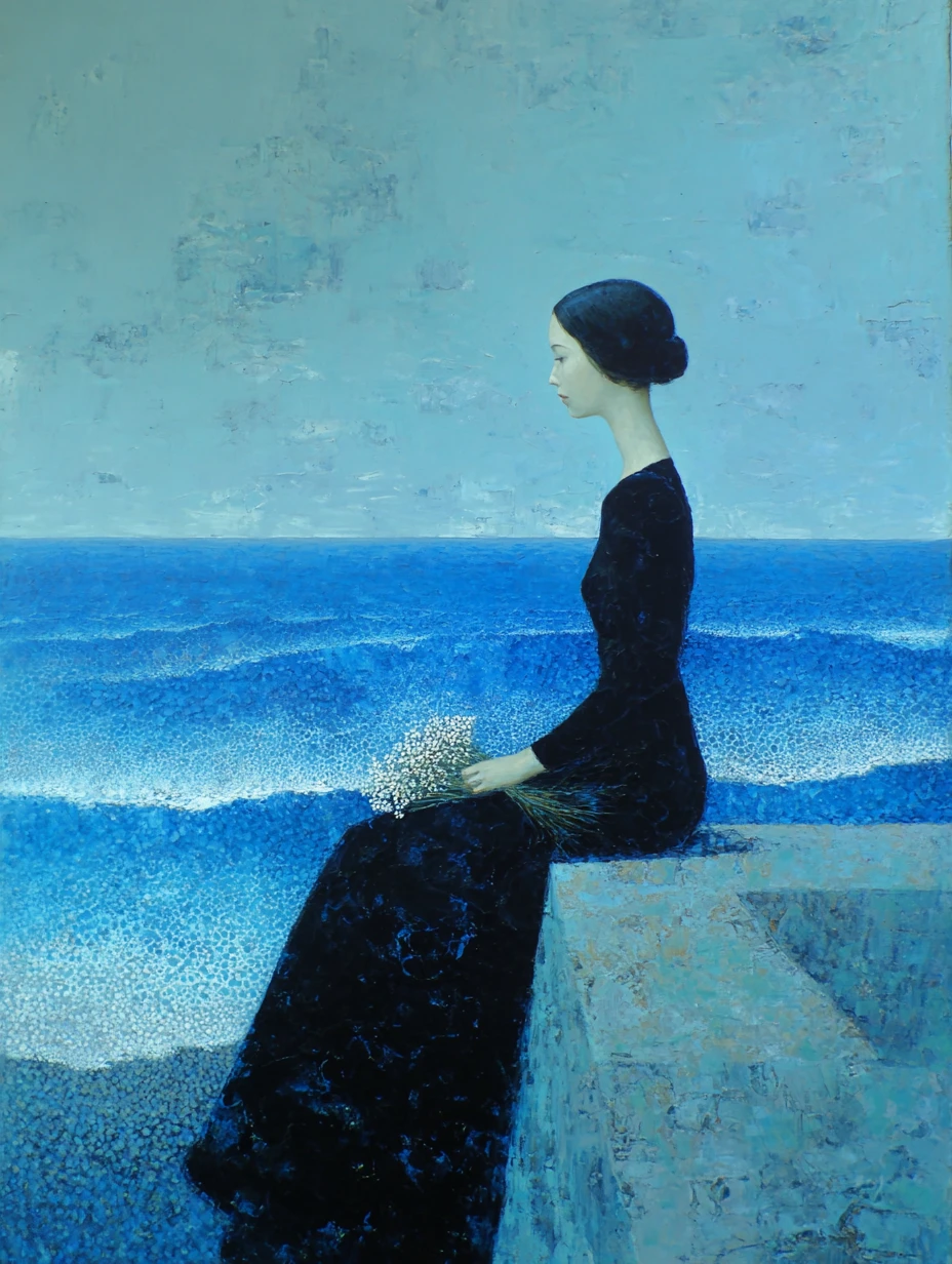 Retrato surreal de uma mulher mais velha tecendo flores a partir do mar