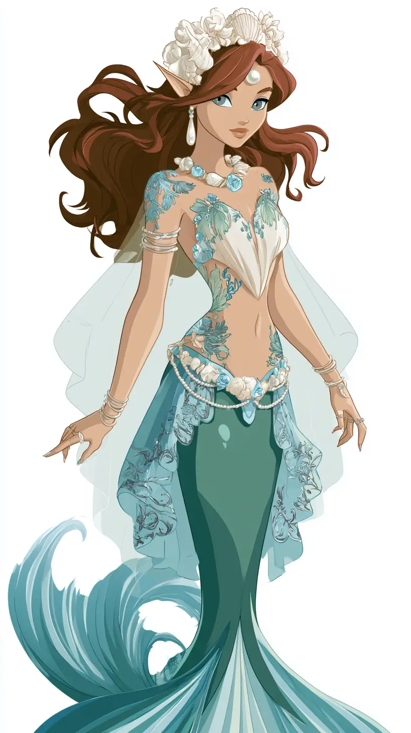 優雅的美人魚少女，擁有翡翠魚尾與珍珠飾品
