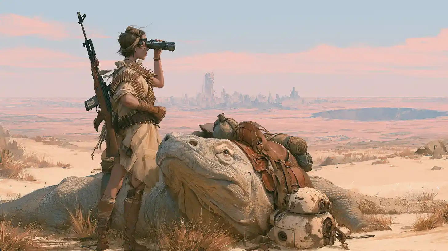 Armed survivor woman with lizard mount in ruined wasteland
