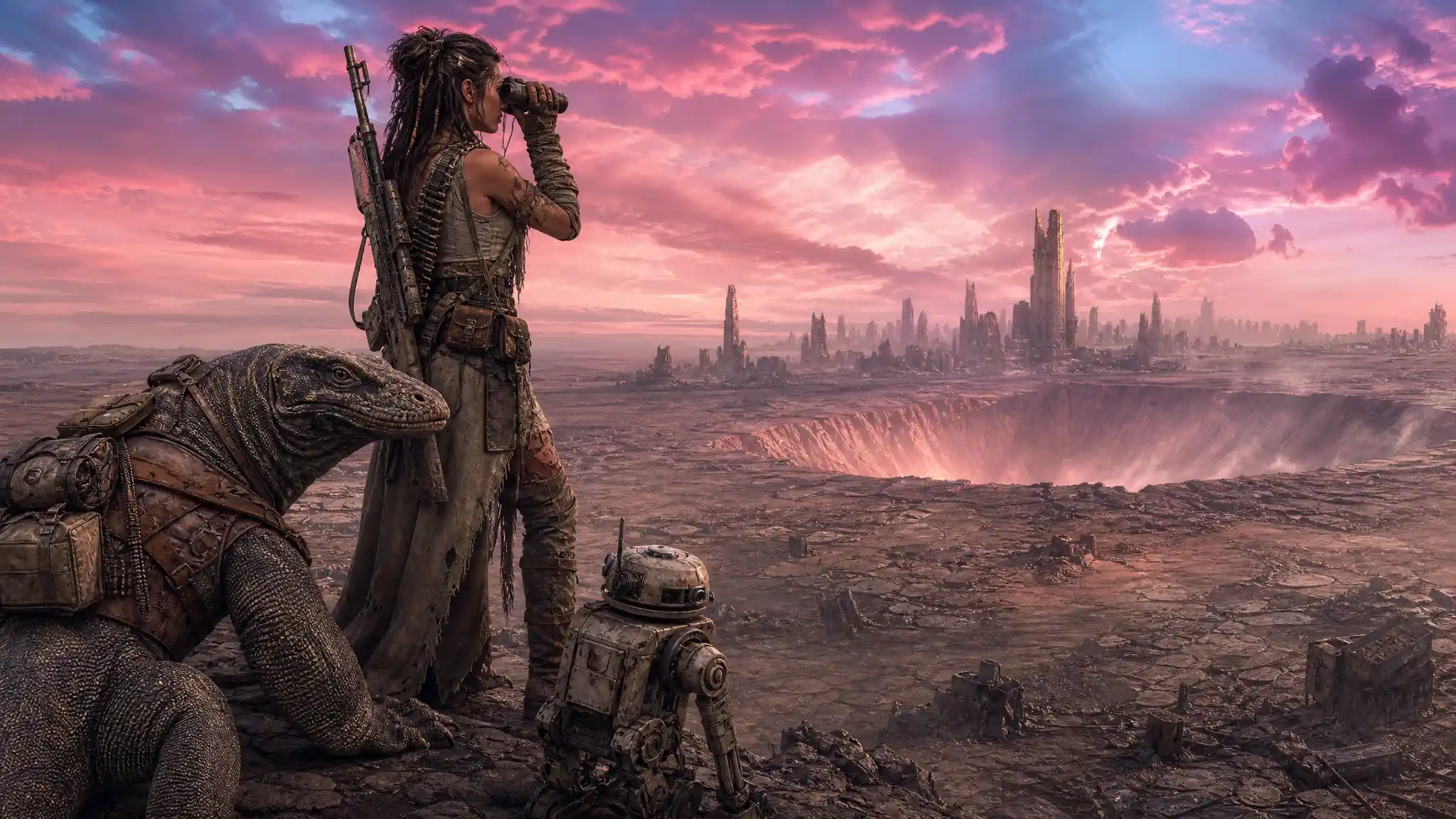 Armed survivor woman with giant lizard in ruined wasteland