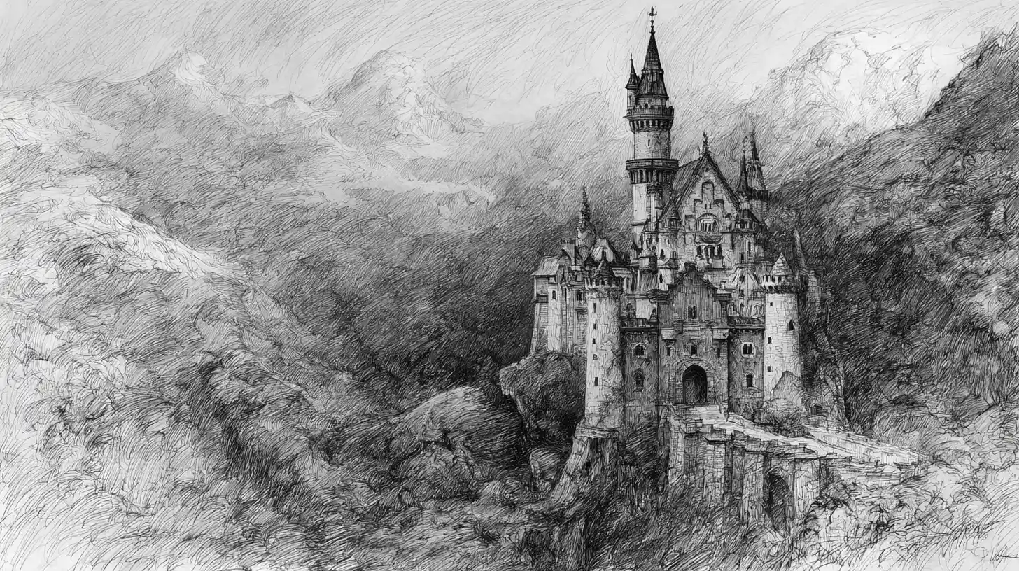 Croquis au fusain d’un château sur une falaise de montagne vertigineuse