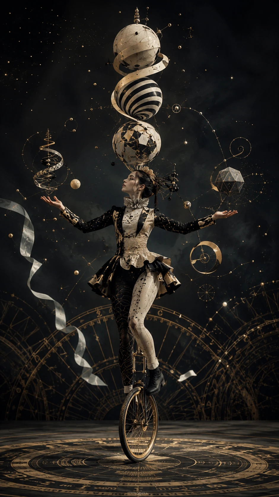 Performer surreale che equilibra spirali, sfere e nastri geometrici