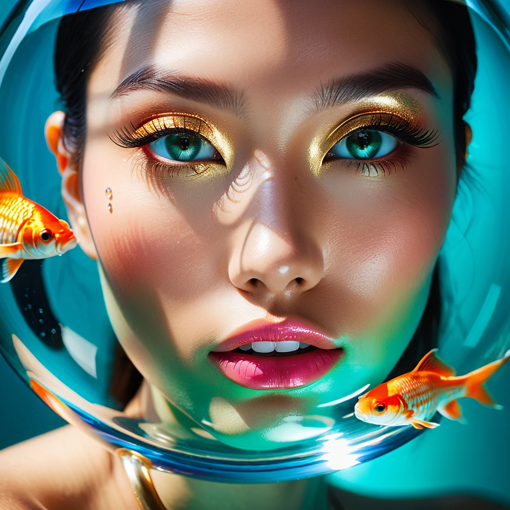 Close up fashion portrait through glass bowl with goldfish