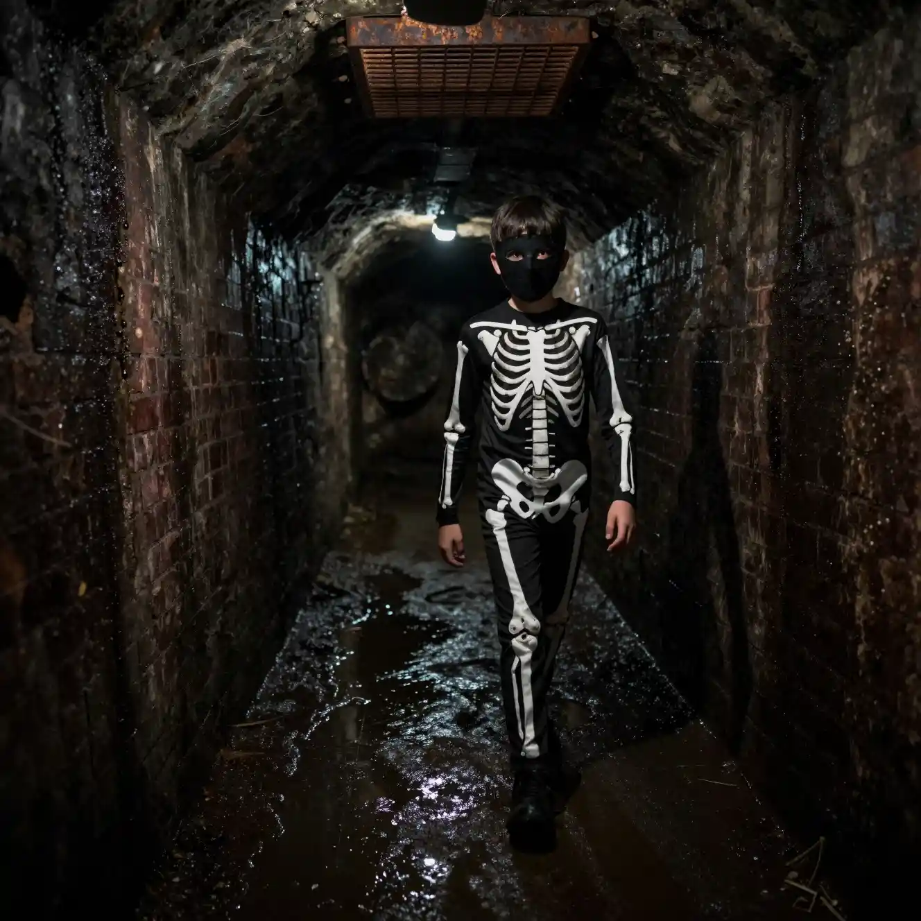 Teenager im Skelettkostüm geht durch dunklen Abwassertunnel